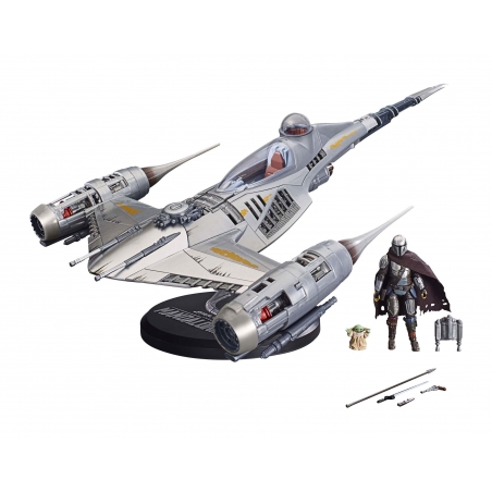 N-1 Starfighter Hasbro Vintage Collection (réplique Star Wars the Mandalorian) Vaisseau Starfighter N-1 vintage collection avec figurines de Grogu et du Mandalorian présenté sur fond blanc